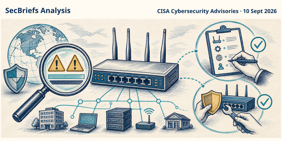 SecBriefs Analysis illustration for “CISA Flags Two MikroTik RouterOS Bugs as Actively Exploited”; source CISA Cybersecurity Advisories, 10 Sept 2026.