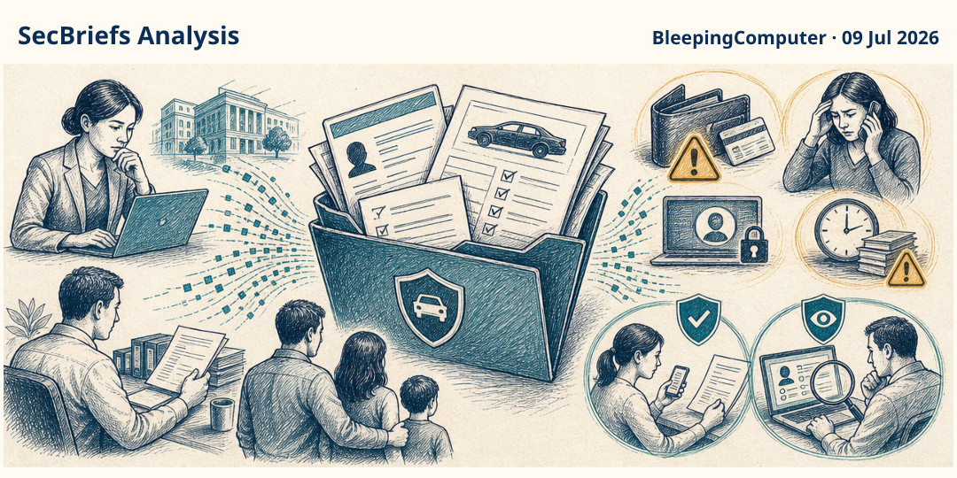 SecBriefs Analysis illustration for “AssuranceAmerica breach exposes records of nearly 7 million drivers”; source BleepingComputer, 09 Jul 2026.