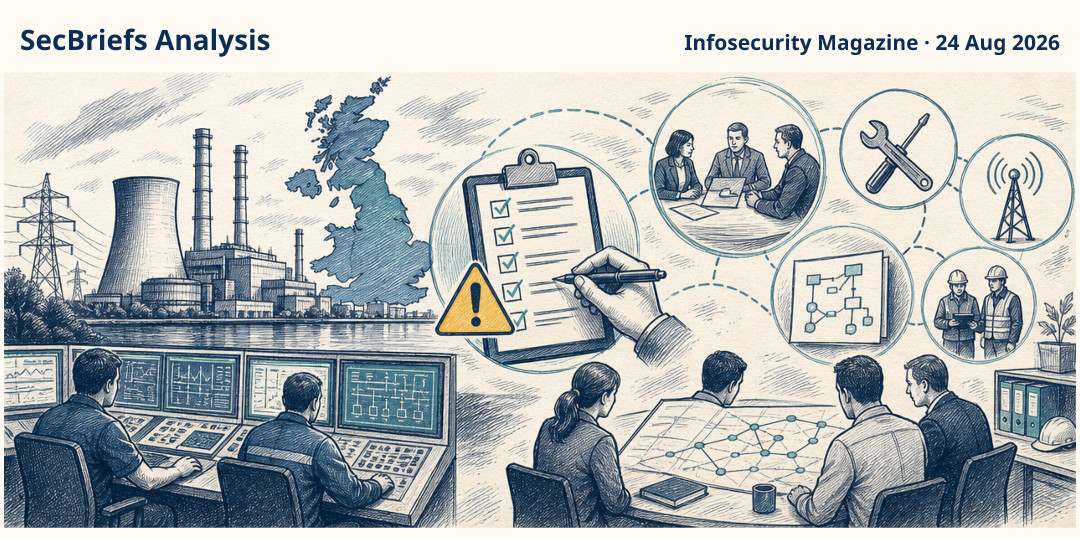 SecBriefs Analysis illustration for “Reported UK power-plant disruption raises CNI resilience questions”; source Infosecurity Magazine, 24 Aug 2026.