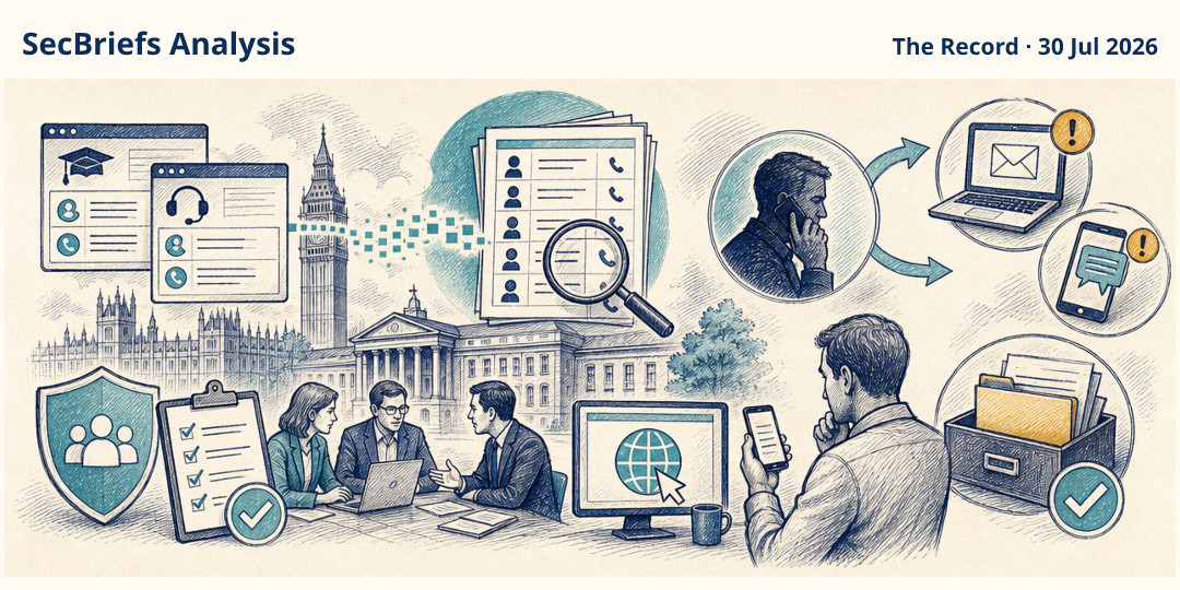 SecBriefs Analysis illustration for “UK education portals exposed contact records now used for extortion”; source The Record, 30 Jul 2026.