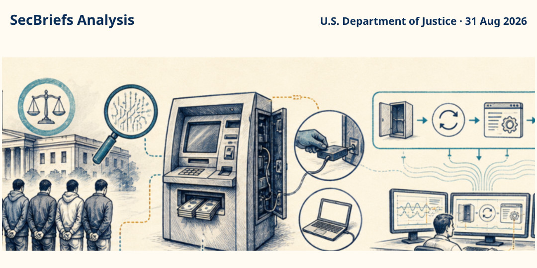 SecBriefs Analysis illustration for “Five plead guilty in Kansas ATM jackpotting case”; source U.S. Department of Justice, 31 Aug 2026.