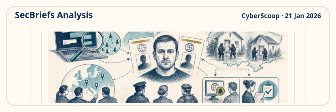 SecBriefs Analysis illustration for “German police identify alleged Black Basta leader as Europol and Interpol target”; source CyberScoop, 21 Jan 2026.