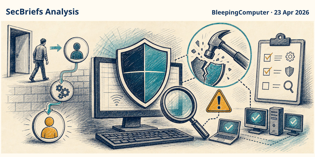 SecBriefs Analysis illustration for “CISA orders remediation of exploited Microsoft Defender BlueHammer flaw”; source BleepingComputer, 23 Apr 2026.