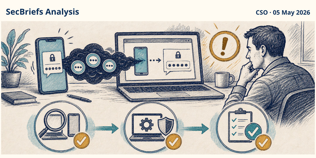 SecBriefs Analysis illustration for “Phone Link malware steals one-time passcodes from Windows PCs”; source CSO, 05 May 2026.