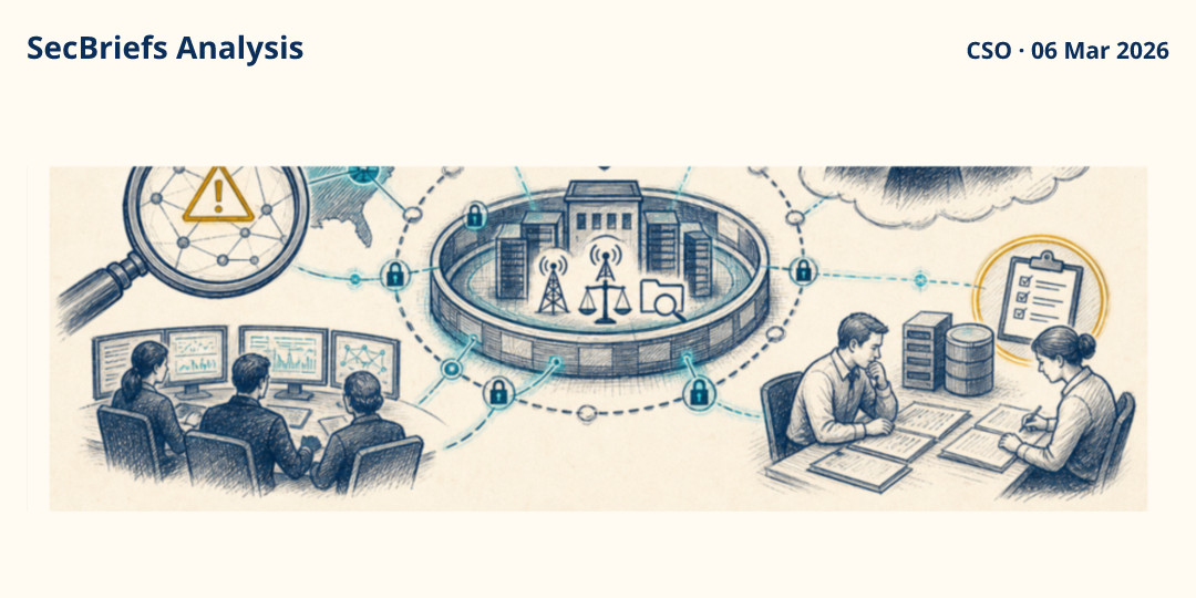 SecBriefs Analysis illustration for “FBI identifies suspicious activity on a network used for wiretaps”; source CSO, 06 Mar 2026.