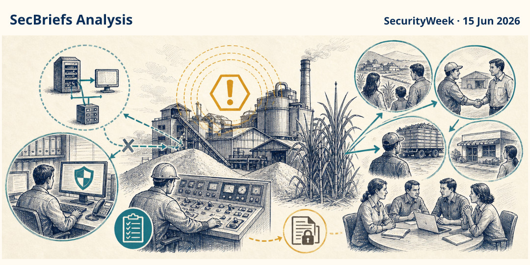 SecBriefs Analysis illustration for “Ransomware disrupted Australian sugar mills during a critical production period”; source SecurityWeek, 15 Jun 2026.