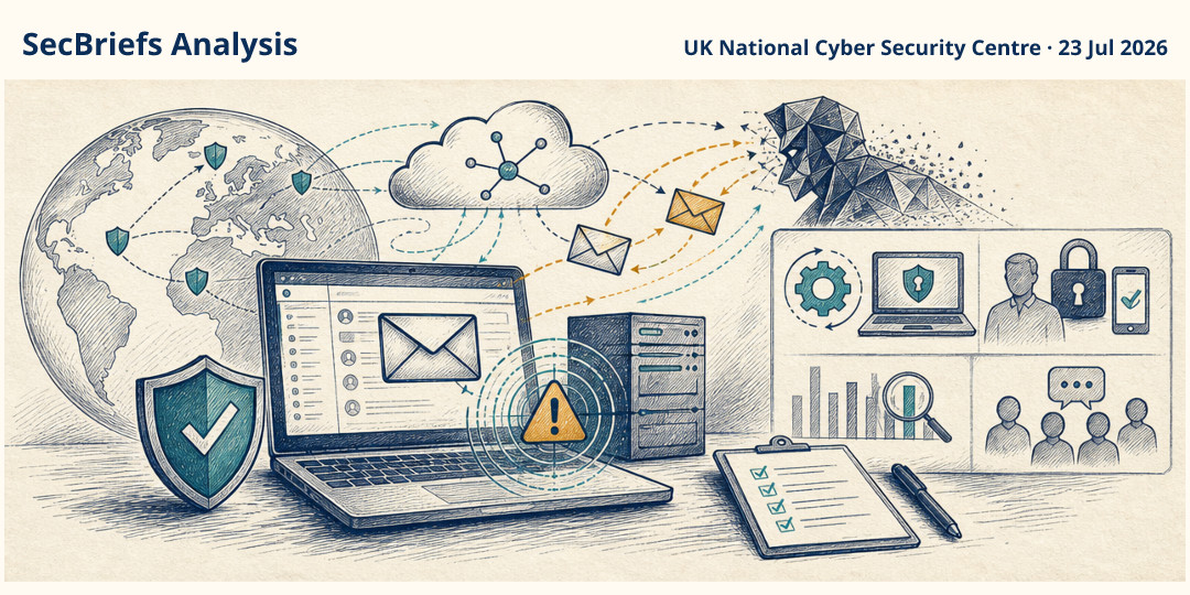 SecBriefs Analysis illustration for “UK and allies warn of Russian-linked zero-click phishing against Zimbra users”; source UK National Cyber Security Centre, 23 Jul 2026.
