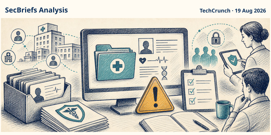 SecBriefs Analysis illustration for “CareCloud breach exposes medical records of 3.7 million patients”; source TechCrunch, 19 Aug 2026.