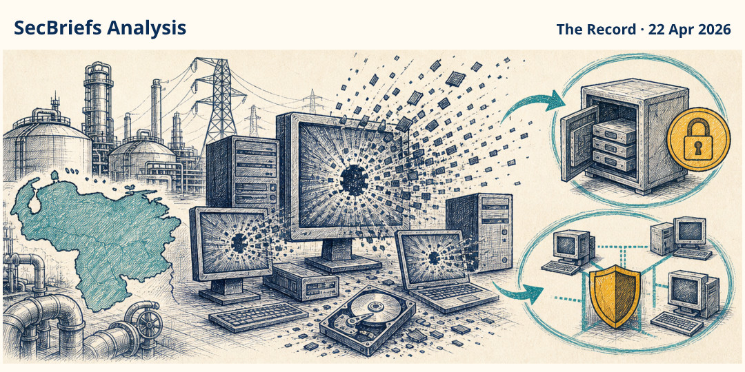 SecBriefs Analysis illustration for “Researchers find destructive Lotus Wiper campaign targeting Venezuela’s energy sector”; source The Record, 22 Apr 2026.