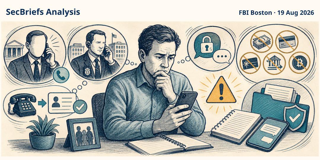 SecBriefs Analysis illustration for “Fake FBI calls use spoofed numbers and encrypted messaging”; source FBI Boston, 19 Aug 2026.