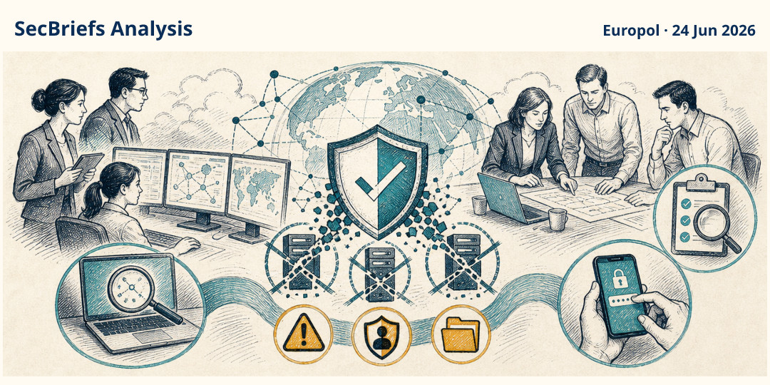 SecBriefs Analysis illustration for “Global operation disrupted three malware networks used for fraud and ransomware”; source Europol, 24 Jun 2026.
