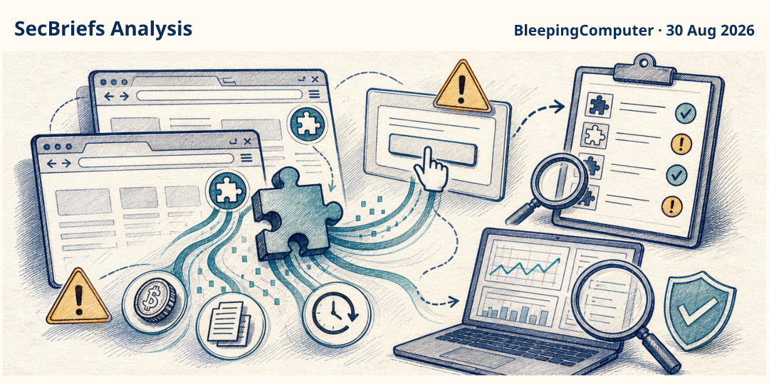 SecBriefs Analysis illustration for “Malicious Chrome and Edge Extensions Reportedly Stole Data and Cryptocurrency”; source BleepingComputer, 30 Aug 2026.