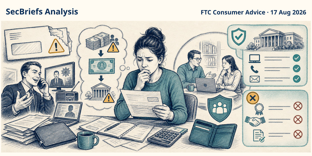 SecBriefs Analysis illustration for “Tax-debt promises can leave people deeper in financial trouble”; source FTC Consumer Advice, 17 Aug 2026.