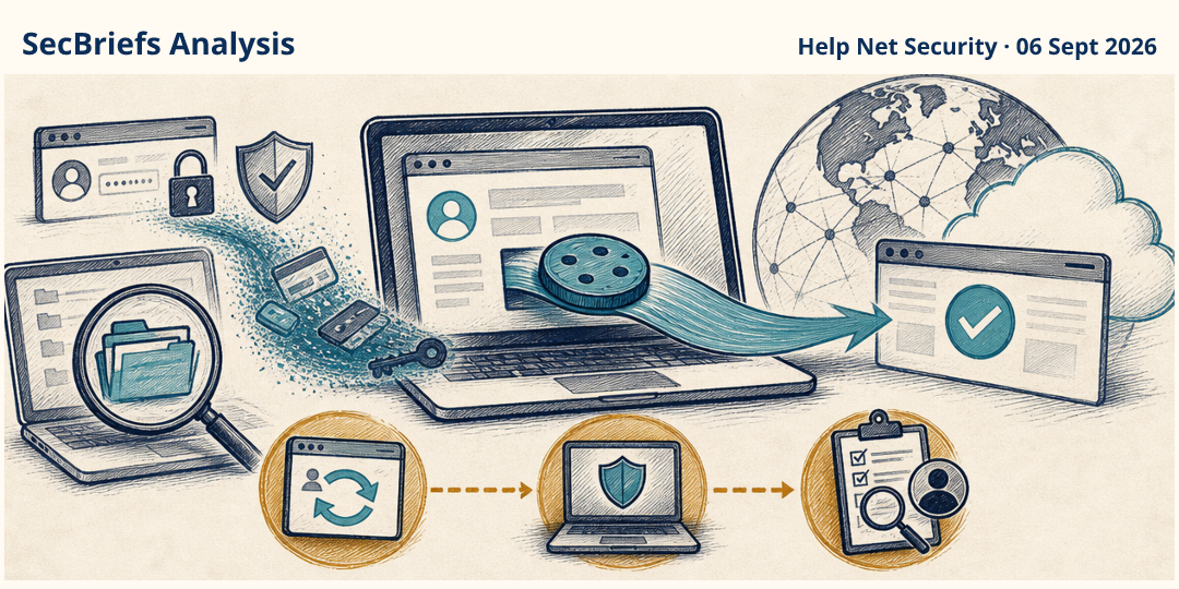SecBriefs Analysis illustration for “Stolen infostealer sessions can bypass password-focused account defenses”; source Help Net Security, 06 Sept 2026.