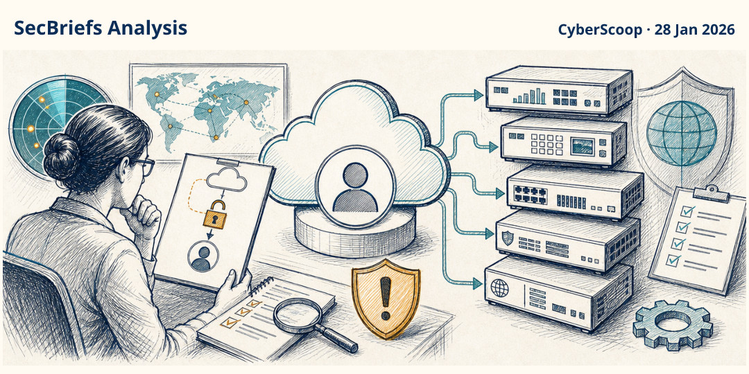 SecBriefs Analysis illustration for “Fortinet zero-day bypasses FortiCloud single sign-on authentication”; source CyberScoop, 28 Jan 2026.