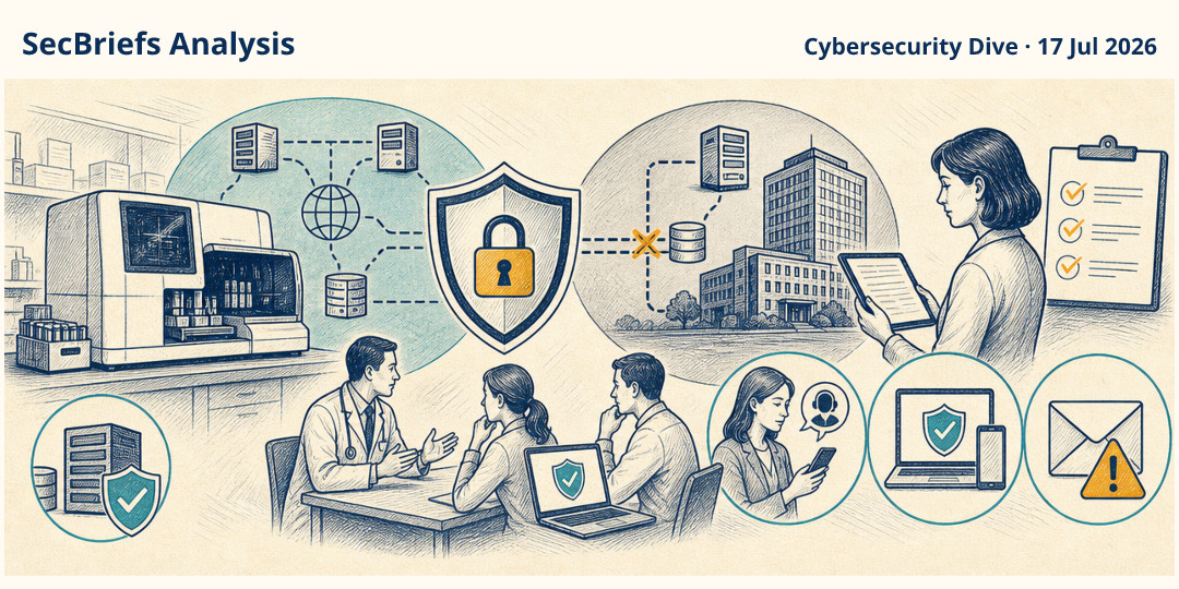 SecBriefs Analysis illustration for “Abbott investigates cyberattack on cancer-diagnostics systems”; source Cybersecurity Dive, 17 Jul 2026.