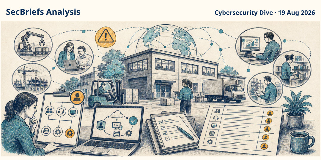 SecBriefs Analysis illustration for “Mid-sized businesses carry an outsized share of ransomware disruption”; source Cybersecurity Dive, 19 Aug 2026.