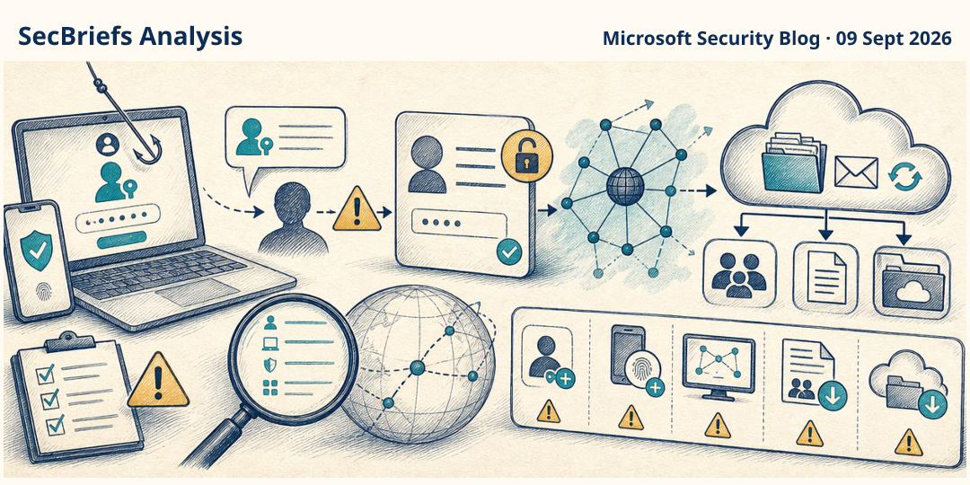 SecBriefs Analysis illustration for “Passkey-themed lures can lead from identity theft to cloud data access”; source Microsoft Security Blog, 09 Sept 2026.