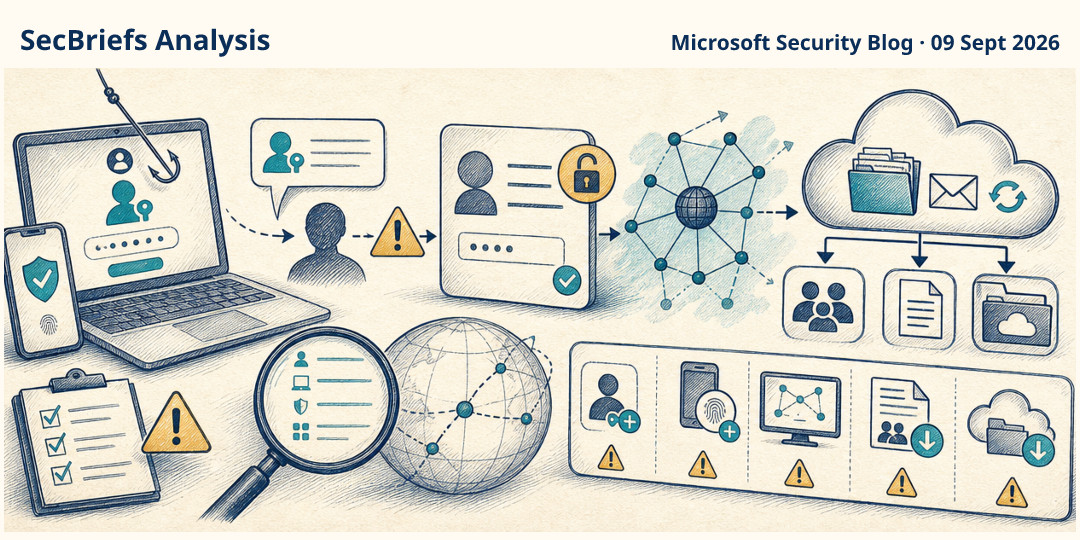 SecBriefs Analysis illustration for “Passkey-themed lures can lead from identity theft to cloud data access”; source Microsoft Security Blog, 09 Sept 2026.