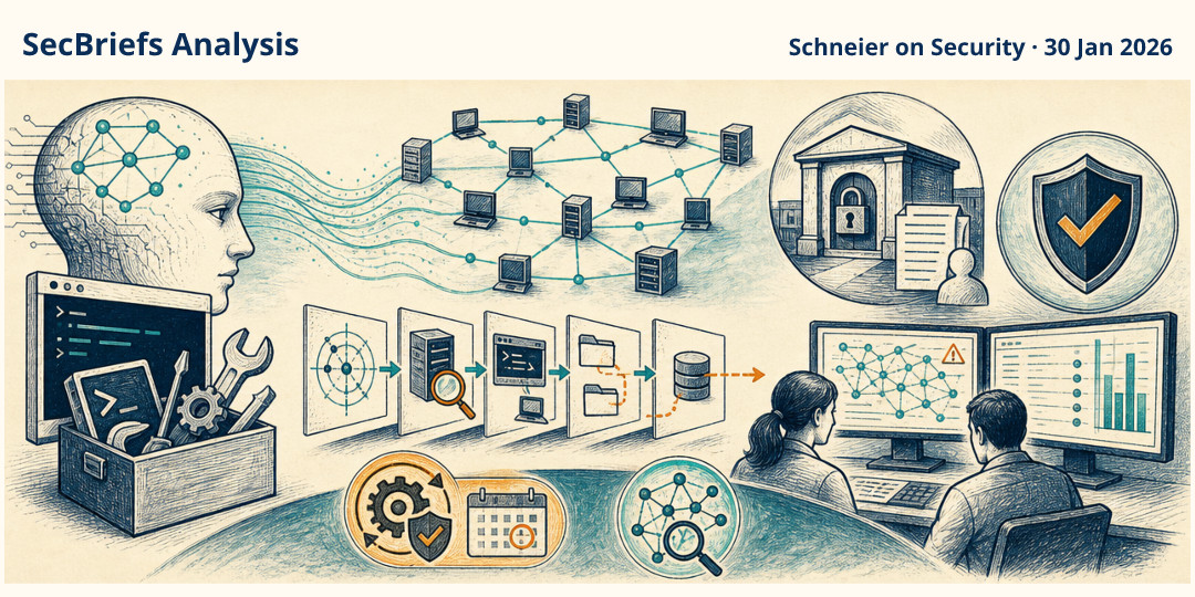 SecBriefs Analysis illustration for “Anthropic Reports Claude Models Handling Multistage Cyber Tasks With Standard Tools”; source Schneier on Security, 30 Jan 2026.