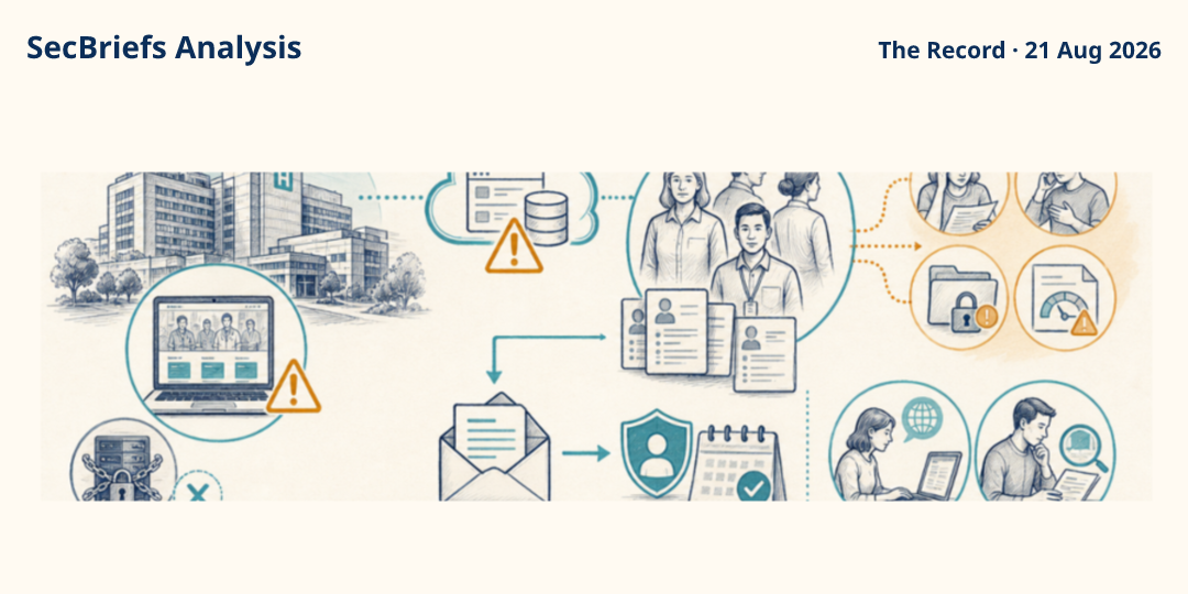 SecBriefs Analysis illustration for “SickKids breach exposes employee and applicant data through third-party software”; source The Record, 21 Aug 2026.