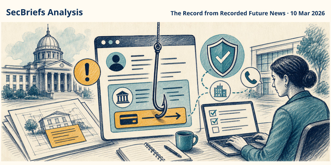 SecBriefs Analysis illustration for “FBI warns of phishing that impersonates officials to divert permit payments”; source The Record from Recorded Future News, 10 Mar 2026.