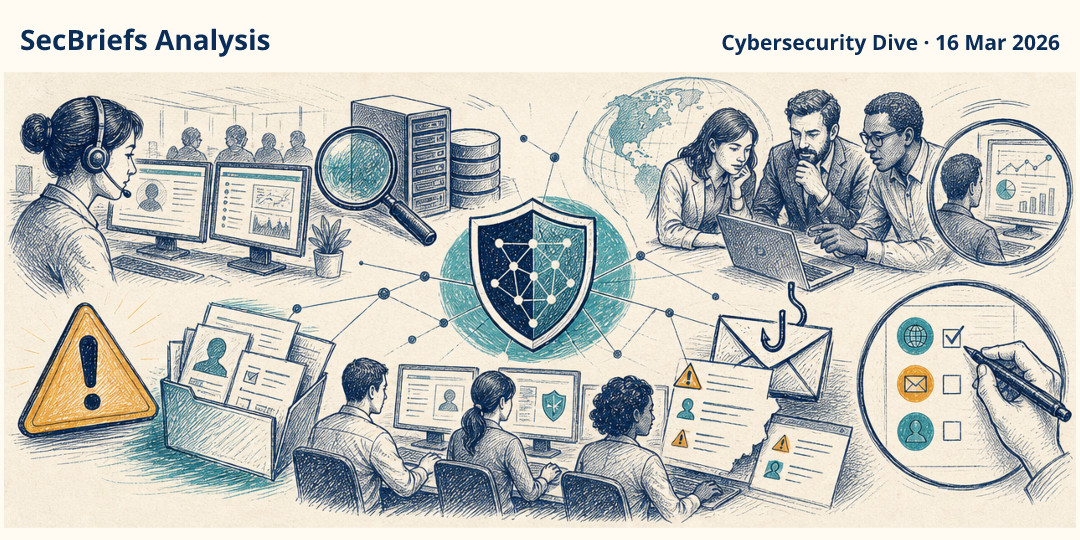 SecBriefs Analysis illustration for “TELUS Digital confirmed system breach while theft claims remained uncertain”; source Cybersecurity Dive, 16 Mar 2026.