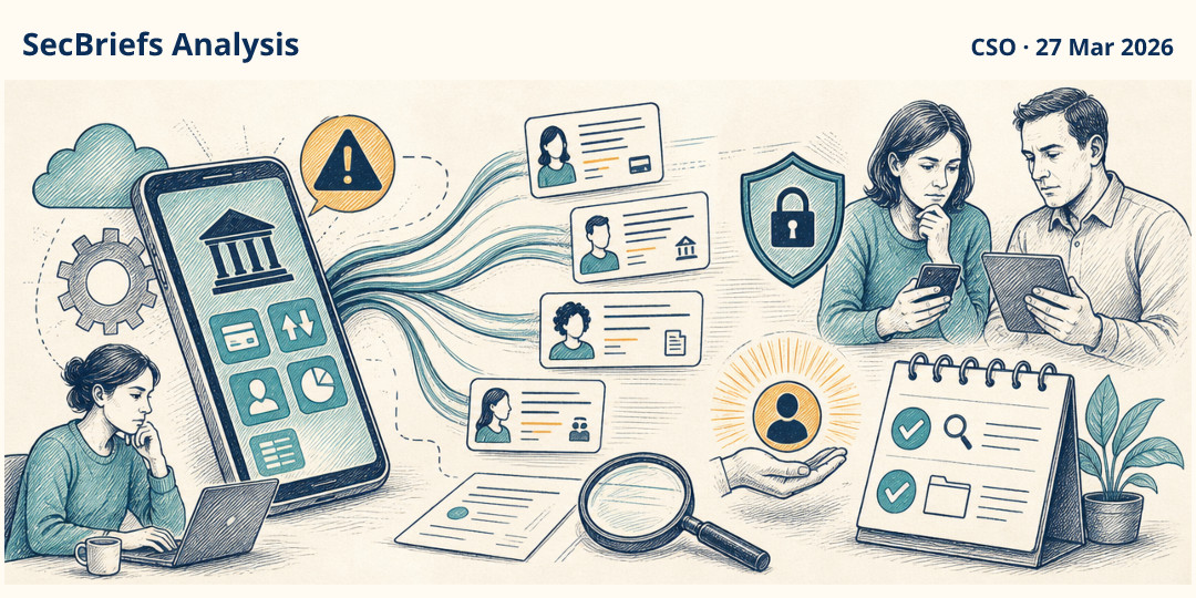 SecBriefs Analysis illustration for “Lloyds app bug exposed transaction details across customer accounts”; source CSO, 27 Mar 2026.