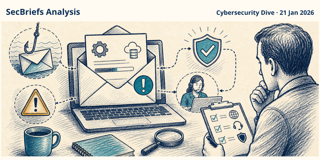 SecBriefs Analysis illustration for “LastPass warns of phishing emails posing as backup requests”; source Cybersecurity Dive, 21 Jan 2026.