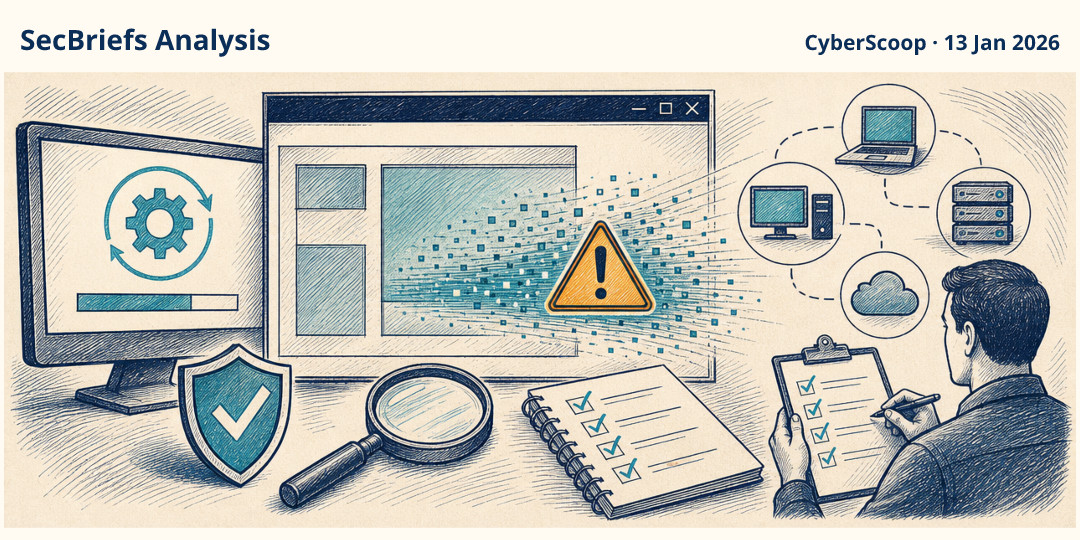 SecBriefs Analysis illustration for “Microsoft January update fixes 112 vulnerabilities, including exploited Desktop Window Manager zero-day”; source CyberScoop, 13 Jan 2026.