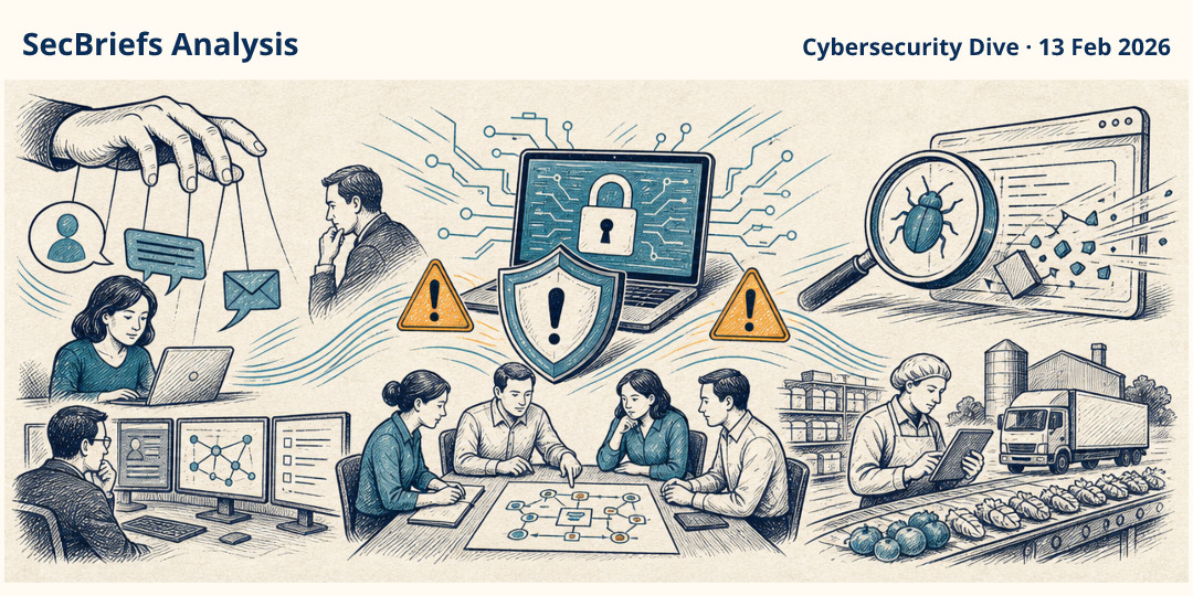 SecBriefs Analysis illustration for “Ransomware activity rises in IT and food sectors, reports say”; source Cybersecurity Dive, 13 Feb 2026.