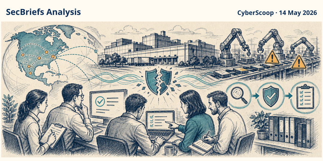 SecBriefs Analysis illustration for “Foxconn cyberattack disrupted North American factories”; source CyberScoop, 14 May 2026.