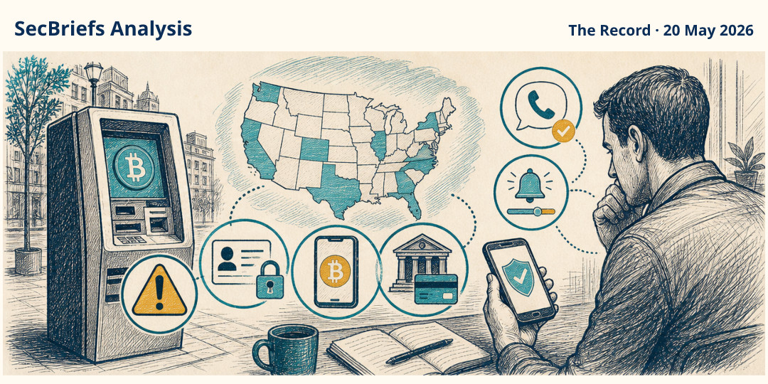SecBriefs Analysis illustration for “Crypto ATM scams caused millions in losses across US states”; source The Record, 20 May 2026.
