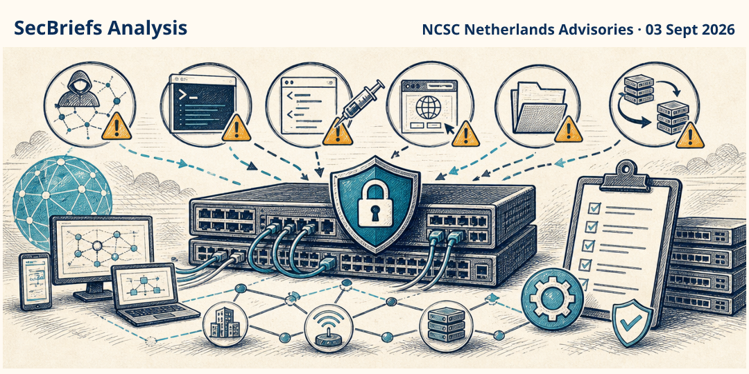 SecBriefs Analysis illustration for “ArubaOS-CX Vulnerabilities Include Authentication Bypass and Code Execution”; source NCSC Netherlands Advisories, 03 Sept 2026.