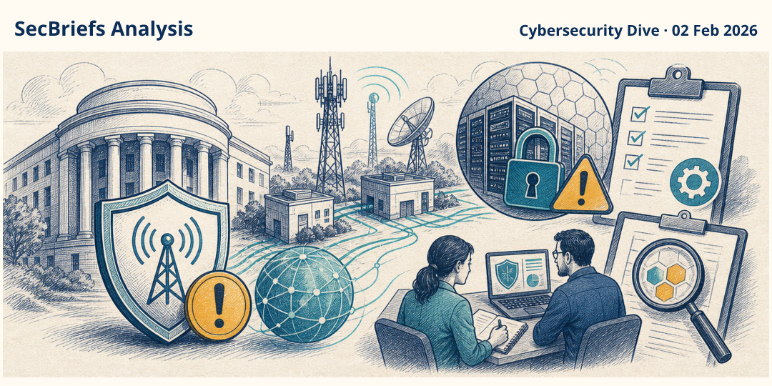 SecBriefs Analysis illustration for “FCC urges telecom providers to strengthen cybersecurity as ransomware threat grows”; source Cybersecurity Dive, 02 Feb 2026.