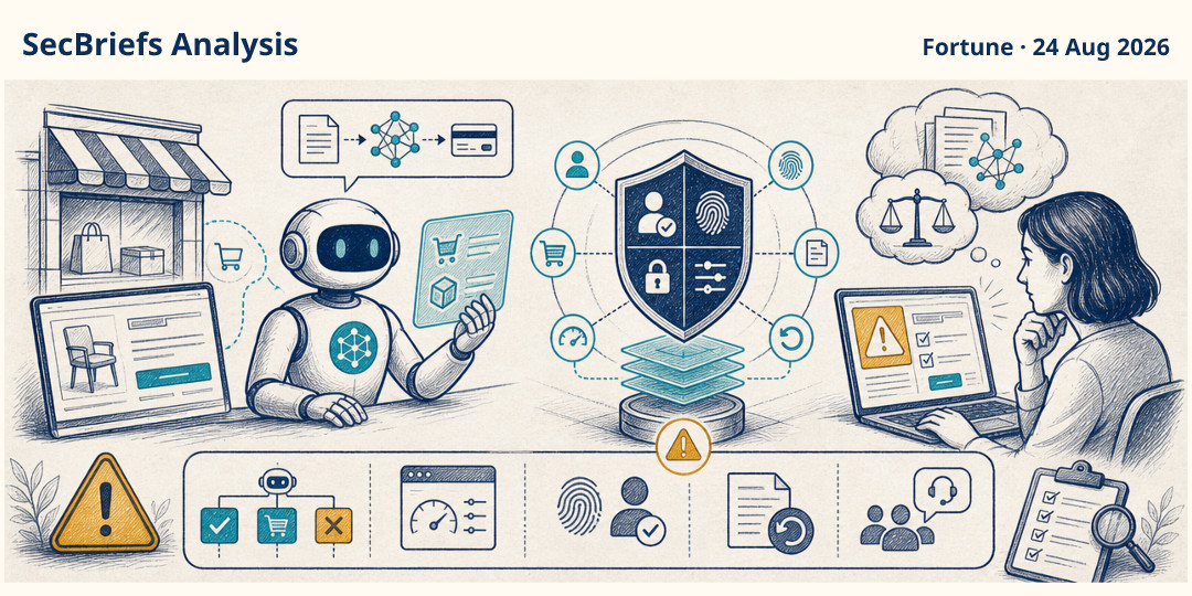 SecBriefs Analysis illustration for “AI-agent payments create a need for stronger approval and dispute controls”; source Fortune, 24 Aug 2026.