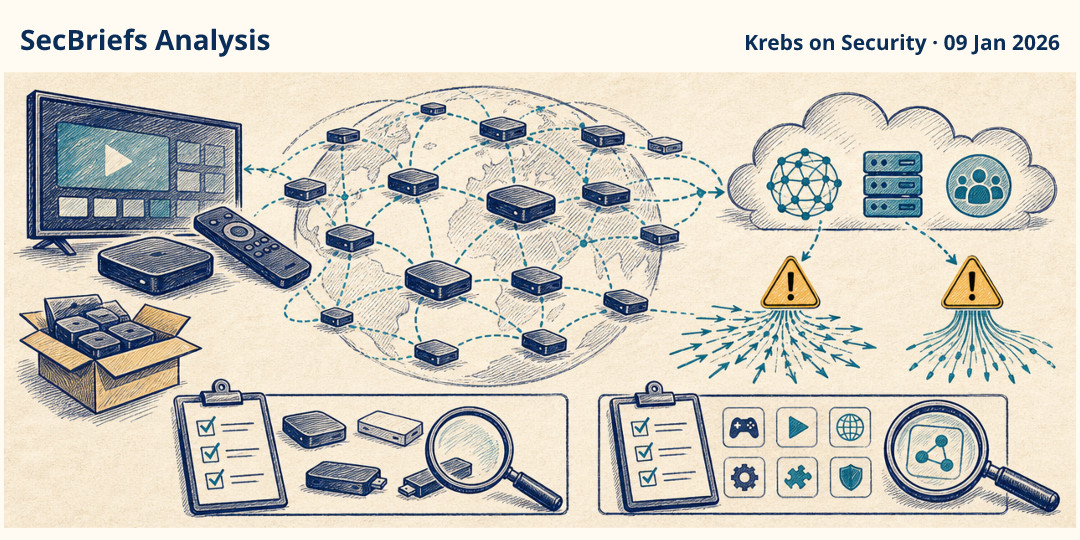 SecBriefs Analysis illustration for “Kimwolf reportedly infected more than two million unofficial Android TV boxes”; source Krebs on Security, 09 Jan 2026.