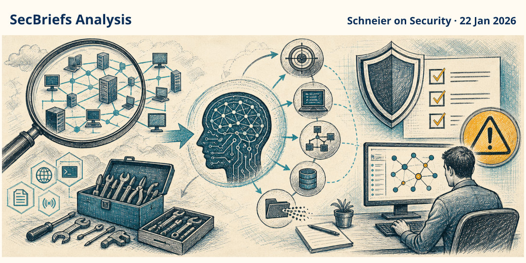 SecBriefs Analysis illustration for “Anthropic Evaluation Reports Claude Models Using Standard Tools in Multistage Network Attacks”; source Schneier on Security, 22 Jan 2026.