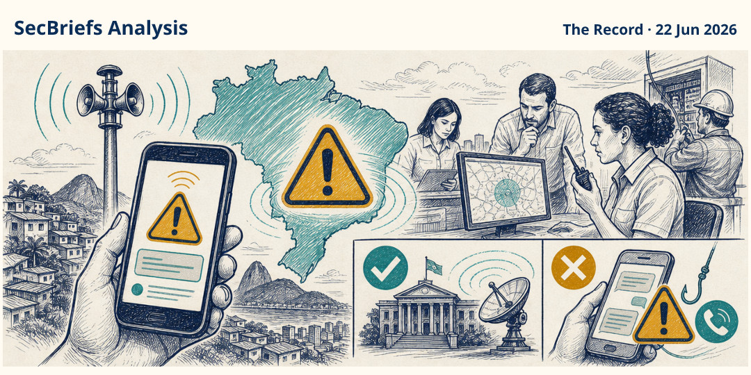 SecBriefs Analysis illustration for “False emergency alerts reached Brazilian residents after a suspected cyberattack”; source The Record, 22 Jun 2026.