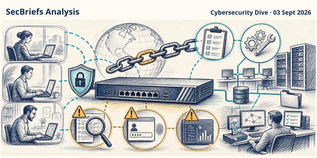 SecBriefs Analysis illustration for “SonicWall Urges Immediate Patching of Chained Vulnerabilities”; source Cybersecurity Dive, 03 Sept 2026.