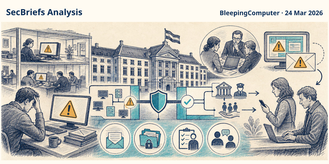 SecBriefs Analysis illustration for “Dutch Finance Ministry breach disrupted employees but spared public services”; source BleepingComputer, 24 Mar 2026.