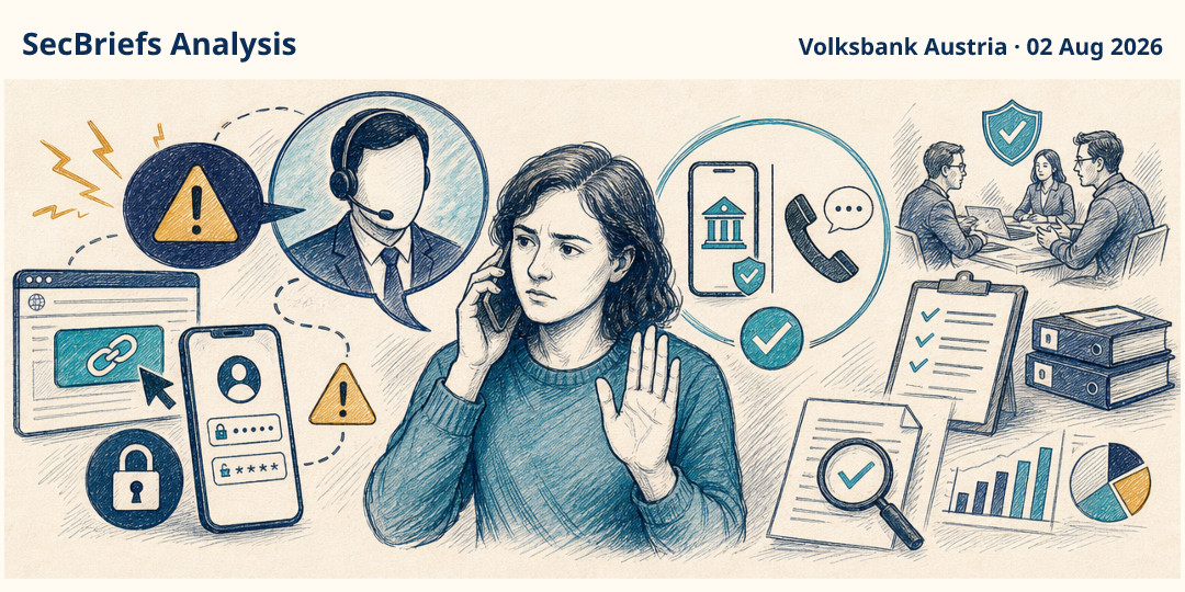 SecBriefs Analysis illustration for “Austrian Volksbank warns customers about “security department” impersonation scams”; source Volksbank Austria, 02 Aug 2026.