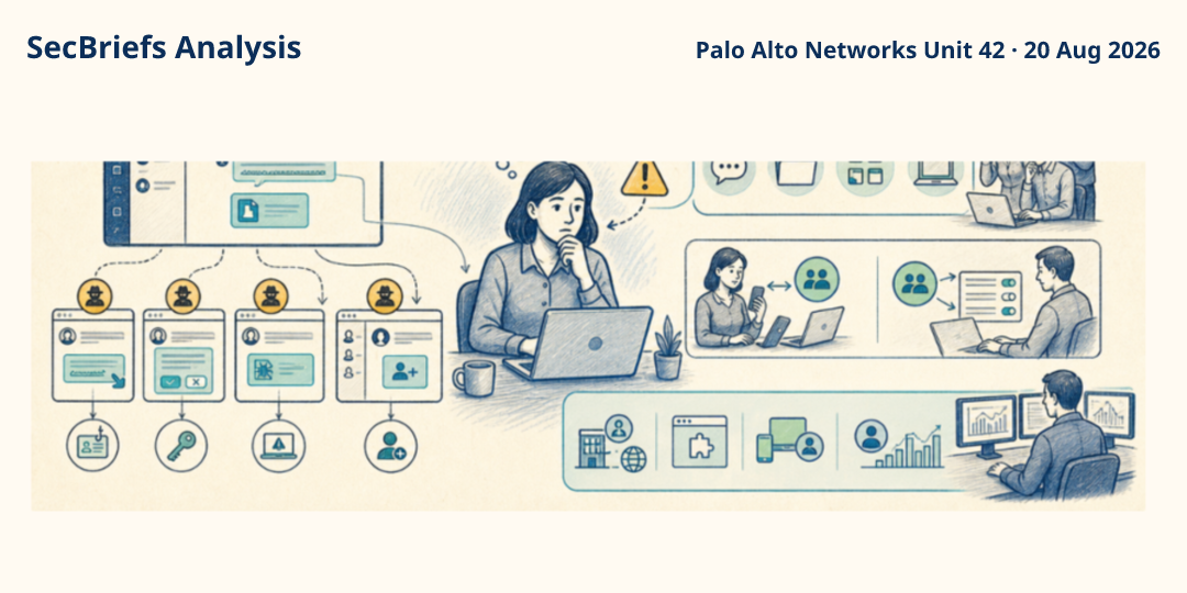 SecBriefs Analysis illustration for “Trusted work chat is becoming a path to account takeover”; source Palo Alto Networks Unit 42, 20 Aug 2026.