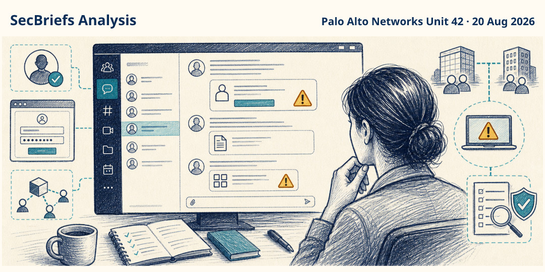 SecBriefs Analysis illustration for “Trusted work chat is becoming a path to account takeover”; source Palo Alto Networks Unit 42, 20 Aug 2026.