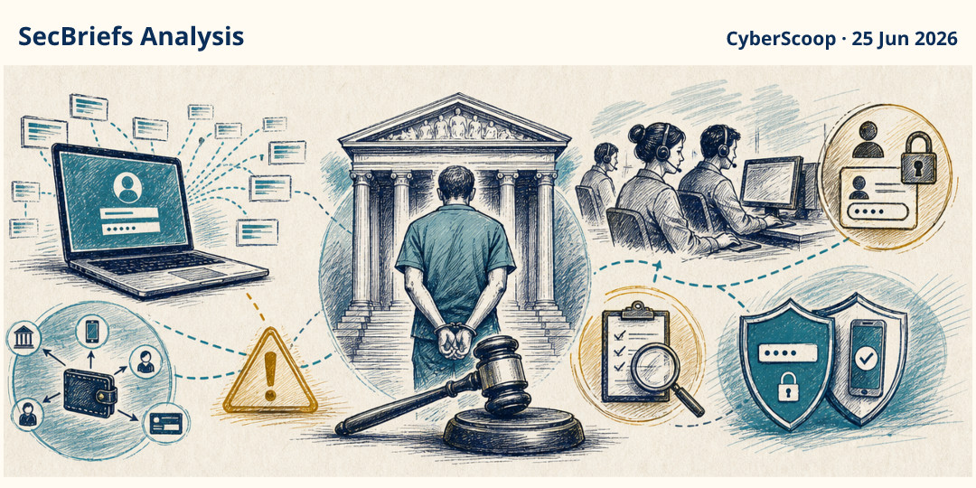 SecBriefs Analysis illustration for “DraftKings account takeover case ends with an 18-month prison sentence”; source CyberScoop, 25 Jun 2026.