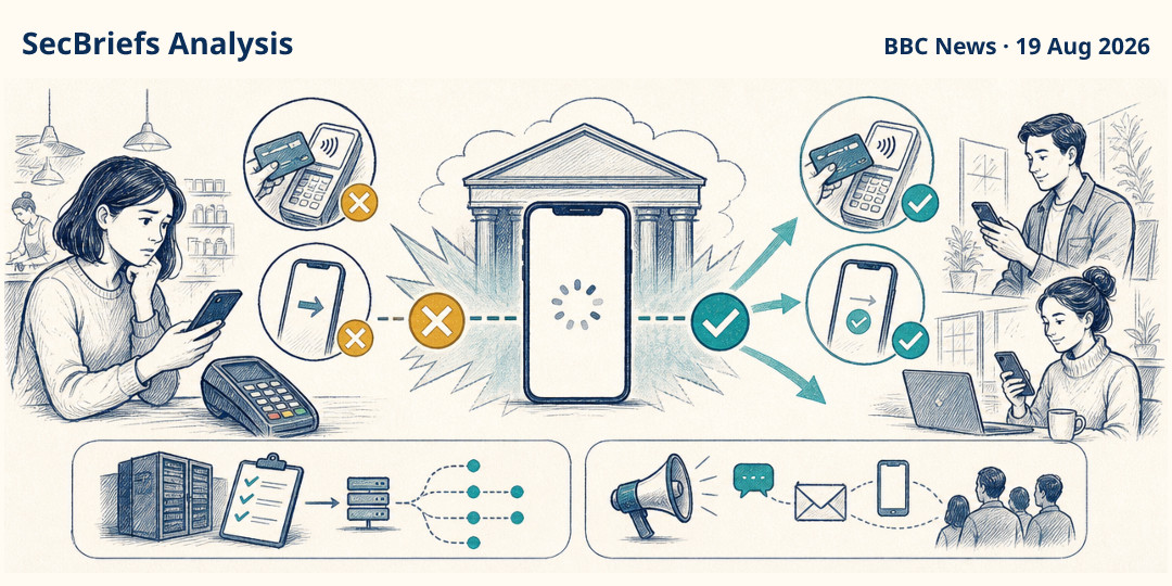 SecBriefs Analysis illustration for “Monzo restores card payments and transfers after service disruption”; source BBC News, 19 Aug 2026.