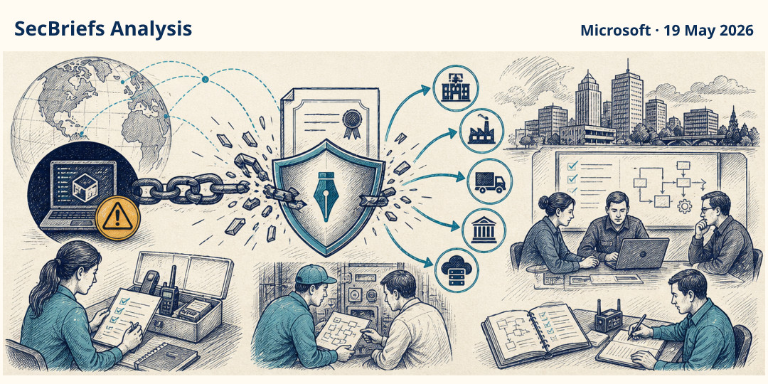 SecBriefs Analysis illustration for “Microsoft disrupts code-signing service used to deploy ransomware”; source Microsoft, 19 May 2026.