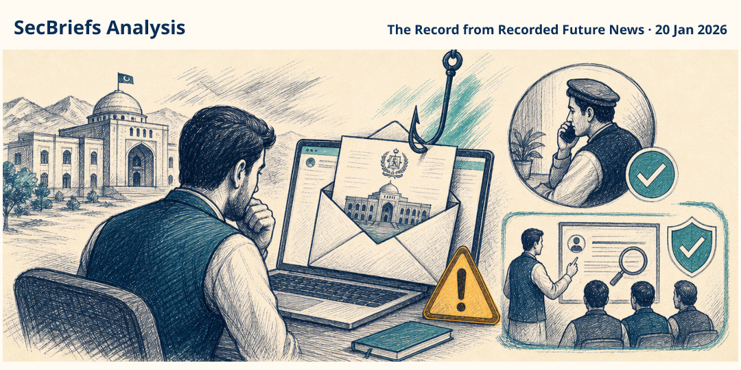 SecBriefs Analysis illustration for “Phishing emails impersonate Afghanistan’s prime minister’s office in targeting of government workers”; source The Record from Recorded Future News, 20 Jan 2026.
