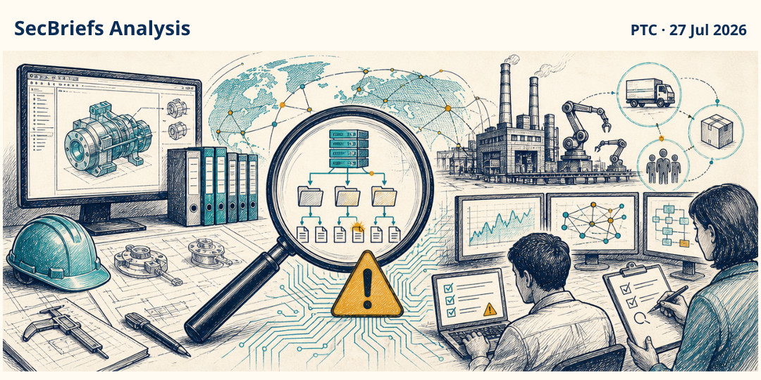 SecBriefs Analysis illustration for “PTC urges Windchill and FlexPLM customers to hunt for compromise after active exploitation”; source PTC, 27 Jul 2026.
