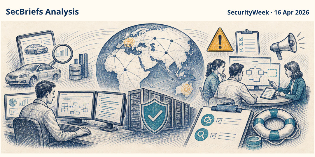 SecBriefs Analysis illustration for “Autovista works to restore services after ransomware attack”; source SecurityWeek, 16 Apr 2026.